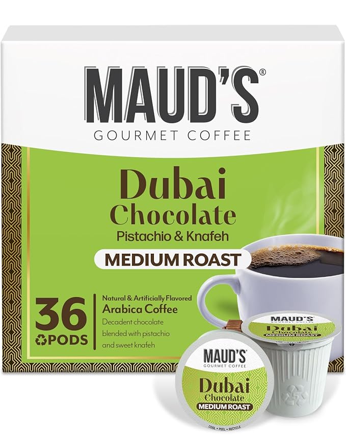 Maud's Dubai Chocolate Flavored Coffee Pods, 36 ct, Medium Roast Flavored Coffee in Recyclable Single Serve Pods – 100% Arabica Beans, Compatible with Keurig K Cups Maker