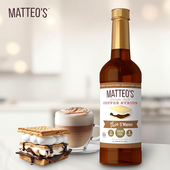 Matteo's S'mores Syrup for Coffee, Lattes, Cappuccinos & Desserts – Sugar-Free Sweetener for Beverages, Keto Friendly, Zero Calories, Indulgent Flavor, Non-Alcoholic, Ideal for Hot Drinks 33.8oz (1pk)