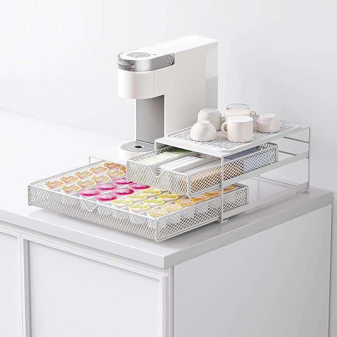 Coffee Maker Countertop Organizer,K Cup Pod Drawers,60 Coffee Capsule Pod Holder,Integrated Design Requires No Assembly.Slidng Storage Pod Baskets,K Cup holder,Silicone Drink Coasters