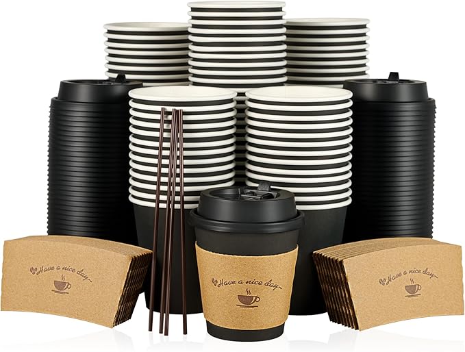 LITOPAK 100 Pack 10 oz Paper Coffee Cups for Hot Chocolate Drinks, Black Disposable Coffee Cups with Lids, Sleeves and Stirring Sticks for Parties, Picnic, Travel, and Events