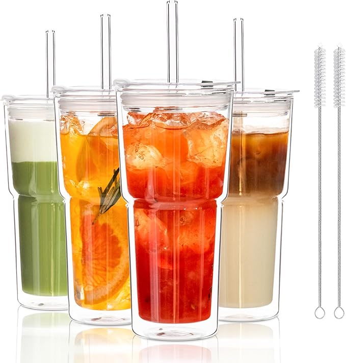 KEMORELA 20 oz Double Wall Glass Tumblers with Lids & Straws, Set of 4—Insulated Clear Drinking Glass Cups for Iced Coffee, Matcha, Smoothies, Whiskey, and More—Reusable for Home & Parties