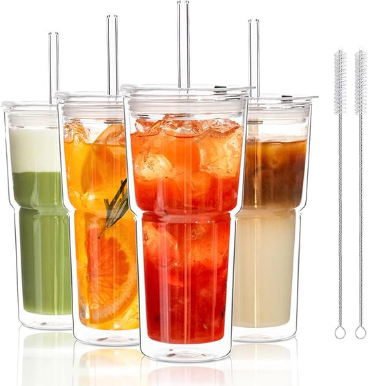 KEMORELA 20 oz Double Wall Glass Tumblers with Lids & Straws, Set of 4—Insulated Clear Drinking Glass Cups for Iced Coffee, Matcha, Smoothies, Whiskey, and More—Reusable for Home & Parties