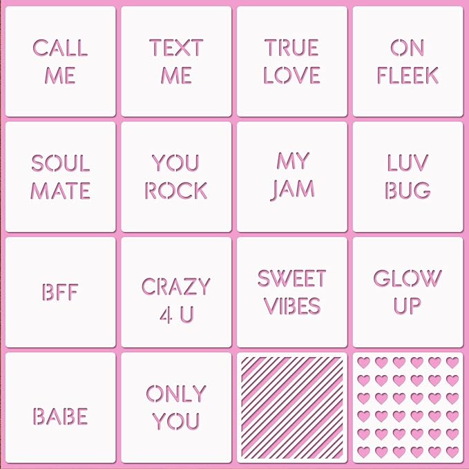 16 Pcs Valentine Conversation Hearts Cookie Stencils with Royal Icing 3x3 in, True Love/Only You/Text Me/Soulmate Love Phrase Sign Sayings Heart Stencils for Valentine's Day Making DIY Crafts