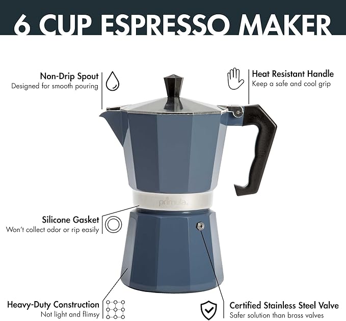 Primula Classic Stovetop Espresso and Coffee Maker,Moka Pot for Italian and Cuban Café Brewing,Greca Coffee Maker,Cafeteras,6 Espresso Cups,Blue,(Pack of 4)