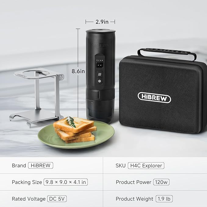 HIBREW H4C Explorer - Portable Electric Espresso Maker, USB-C Rechargeable for Coffee Pods & Ground Coffee, Compact for Home and Travel, with Foldable Holder & Carrying Case (Black)
