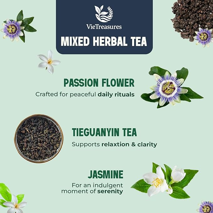 VieTreasures Relax Herbal Tea – 40 Tea Bags | Promotes Relaxation | Tieguanyin Base with Passionflower & Honeysuckle | Jasmine Infusion, Caffeine-Free, Sugar-free, Organic Blends, 2.8oz