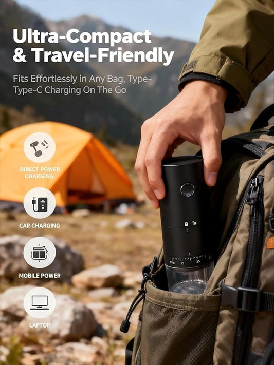LAMIDO Portable Electric Burr Coffee Grinder - Grind While Charging - 38 External Adjustable Grind Settings - 1.8X Faster Grinding - 2000 mAh Rechargeable Battery for Travel, Camping - Matte Black