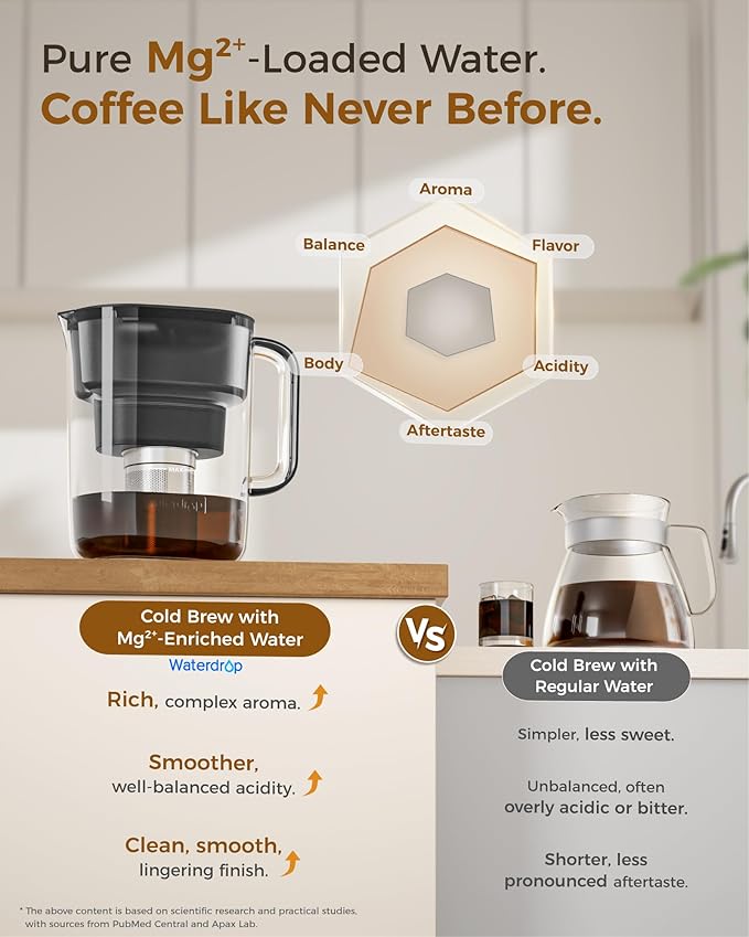 Waterdrop Cold Brew Coffee Maker with 1 Magnesium Water Filter, Well-Balanced Acidity, Unlocks Flavor and Aroma, BPA-Free, Precision Fine Mesh Filter for Iced Coffee, Tea, Lemonade, Black