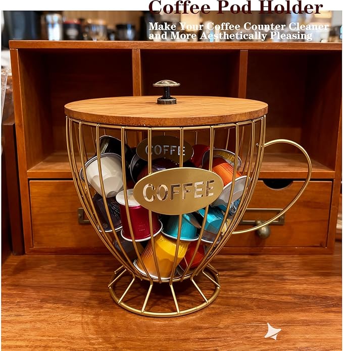 Coffee Pod Holder with Lid -Coffee Creamer Holder Large Capacity Holder for k Holder Organizer for Counter - Coffee Decor Station for Pods, Espresso, Capsules, Creamer, (Gold-CC)