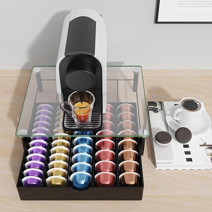 gianotter Crystal Tempered Glass Vertuo Pod Holder Drawer, Compatible with Nespresso Vertuo Capsules, Compatible with 40 Large or 60 Small Nespresso Capsule Organizer (transparent)
