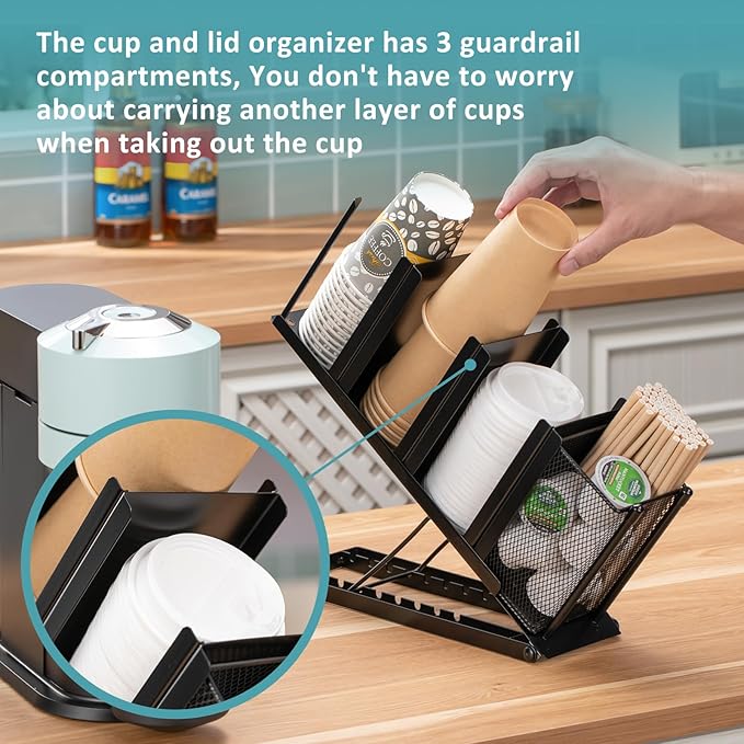 Rice rat Coffee Cup Holder Organizer 4 Compartment Disposable Cup Dispenser, Cup and Lid Holder with Mesh Basket for Countertop Coffee Station Bar, Black