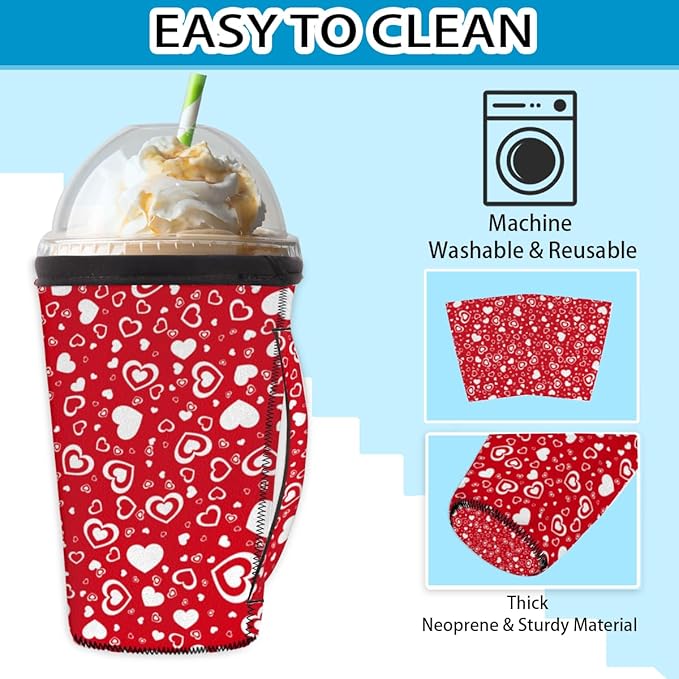 Red White Love Heart Reusable Coffee Sleeves Iced Coffee Cozy Insulator,Valentine's Day Neoprene Holder with Handle for Cold Coffee or Ice Drink, Medium 24-28oz