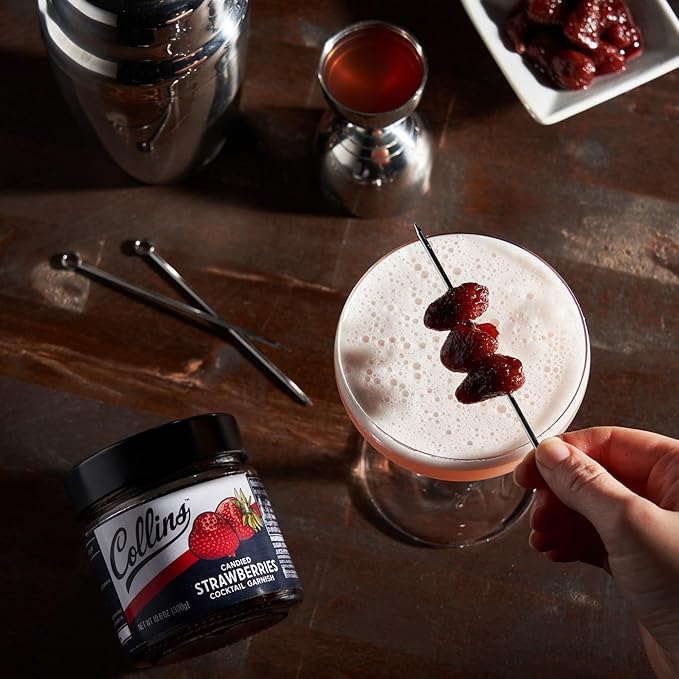 Collins Strawberries in Syrup, Cocktail Garnish for Daiquiris, Sours, Champagne, Desserts and Baked Goods, Garnishing Syrups, Home Bar Accessories, Candied Strawberry, 10.6 oz, Set of 1