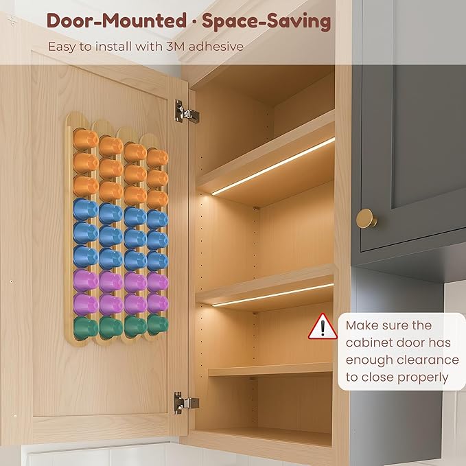Bamboo Coffee Pod Holder, Adhesive Wall Mount (No Drilling) for Cabinet Door, 36-Capsule Storage (Set of 4) — Vertical/Horizontal — Compatible with Nespresso Original Line-Bamboo Brown