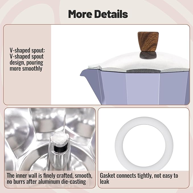 Vaolvpant 3 Cup Aluminum Moka Pot Purple Classic Stovetop Espresso Coffee Maker 150ml 5oz Coffeemaker Percolator Mocha Pot Greca Coffee Maker Cafe Makers for Italian and Cuban Café Brewing Purple