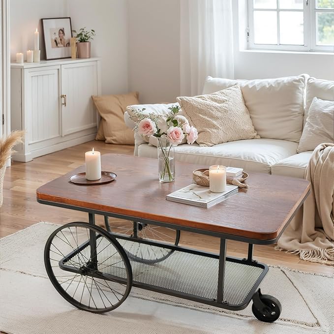 21.6inch Height Rolling Bar Cart with Metal Storage Shelf Industrial Rectangle Coffee Table Side Table on Wheels for Living Room Vintage Mobile Serving Cart for Outdoor Indoor
