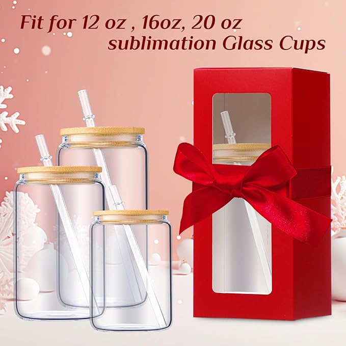 Honoson 24 Pcs Tumbler Gift Box with Ribbon for Sublimation Glass Exhibition Boxes Transparent for 12oz 16oz 20oz Drinking Cup Glasses Jars Mug Can Blanks(Wine Red)