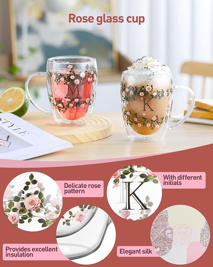 Initial Glass Cup for Women, 12oz Rose Double Walled Glass Coffee Mugs, Personalized Gifts for Women, Initial Coffee Tea Mug with Scarf, Birthday Gifts for Her Mom Friend (ROSE-N)