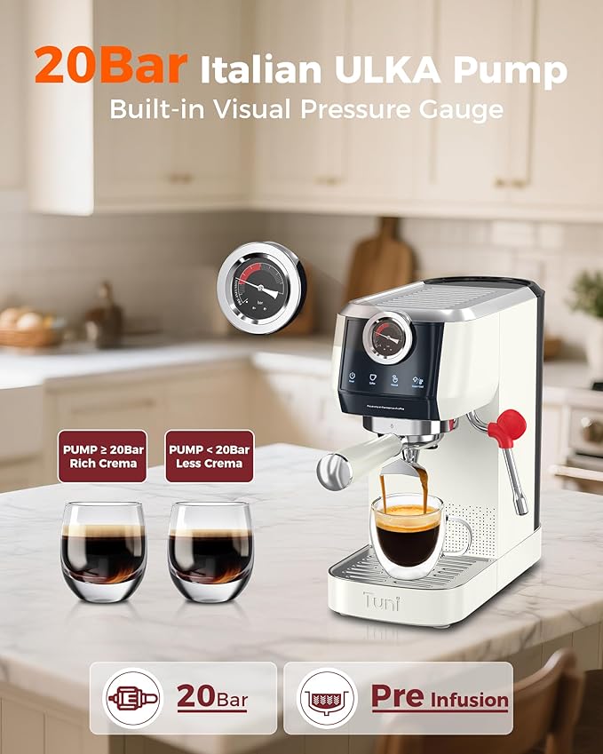 Tuni E2 58mm Espresso Machine with G1 Ivory Conical Coffee Grinder and Bottomless Portafilter Combo Set, 20Bar Dual Boiler Espresso Maker Kit
