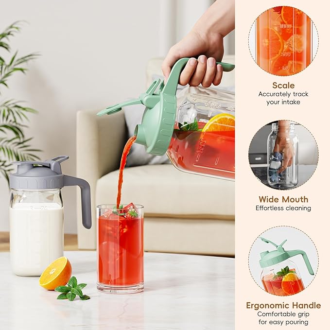 Breast Milk Pitcher - 32 oz Glass Mason Jar with Dual Leak-Proof Design, Airtight Seal, Pour Spout & Handle, Storage Container for Breastmilk, Iced Tea & Ice Drinks（Green）