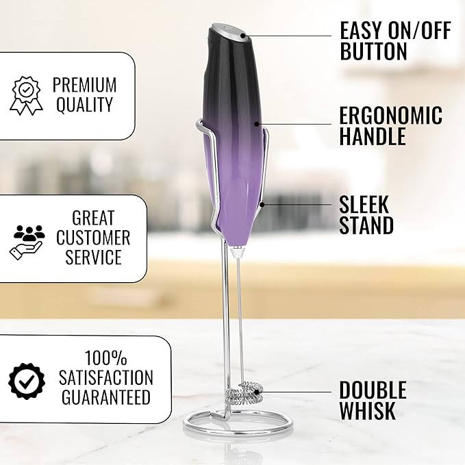 Milk Boss Double Whisk Milk Frother for Coffee With Upgraded Holster Stand - Coffee Frother Handheld - Electric Handheld Foam Maker - Hand Mixer for Latte, Matcha - Electric Whisk (Galaxy)