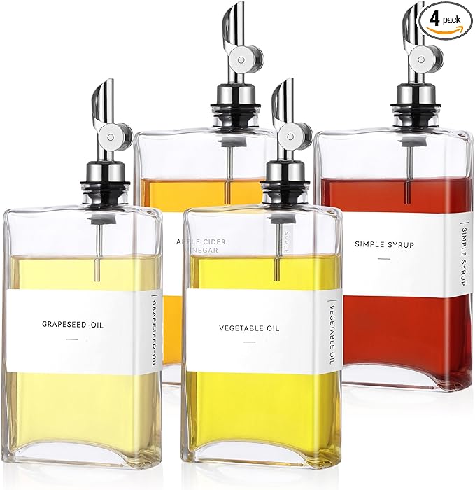 4 Pcs Olive Oil Dispenser for Kitchen, Glass Olive Bottles Oil Seasoning Bottle Set Coffee Syrup Soy Sauce Dispenser(Silver,350 ml)