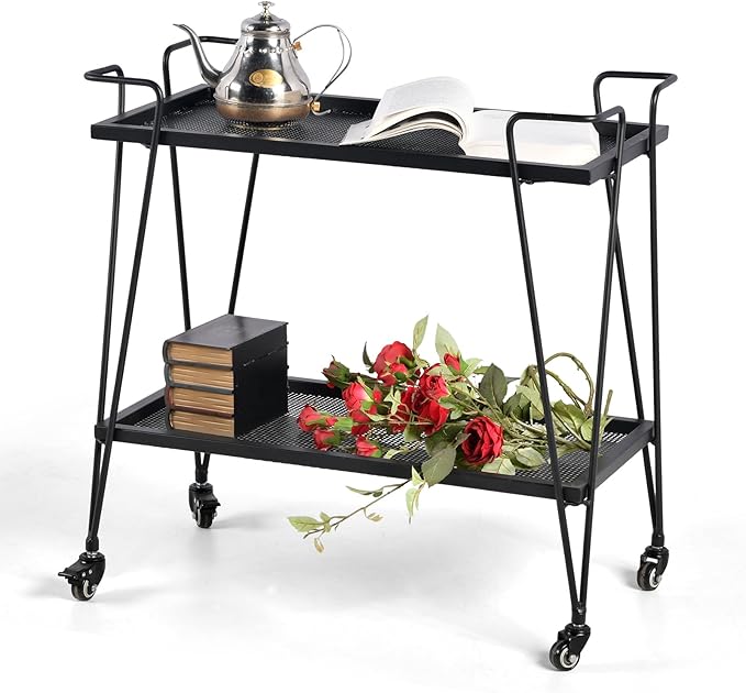 2-Tier Mobile Serving Cart-Industrial Metal Bar Cart on Hassle Casters- Minimalist Rolling Plant Display Stand-Modern Coffee Liquor Storage Cart for Office-28.3 * 14.6 * 27.6inch(L*W*H)