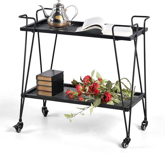 2-Tier Mobile Serving Cart-Industrial Metal Bar Cart on Hassle Casters- Minimalist Rolling Plant Display Stand-Modern Coffee Liquor Storage Cart for Office-28.3 * 14.6 * 27.6inch(L*W*H)