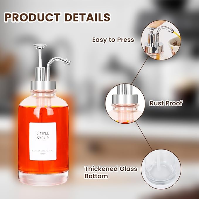 16.9oz Coffee Syrup Dispensers 4Pack- Glass Syrup Dispenser Kit for Coffee Bar Accessories for Home Coffee Bar/Premium Labeled Barista Kit, Silver