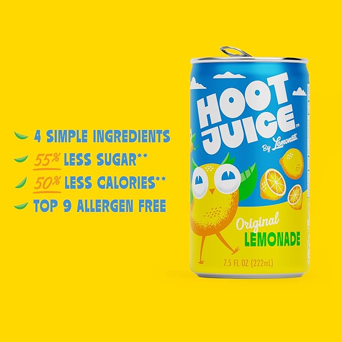 Hoot Juice Lemonade By Lemonati, No Artificial Sweeteners or Flavors, Gluten-Free, Kosher, Non-GMO, Vegan, 7.5 Fl Oz Mini-Cans, Pack of 24, Original Lemonade