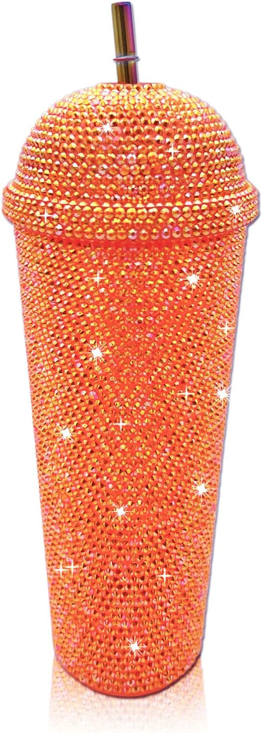 24oz Bling Cup Handmade Rhinestones Studded Tumbler Double Wall Insulated Plastic Reusable Water Bottle with Lid and Straws for Home Office Party Beach(Orange)