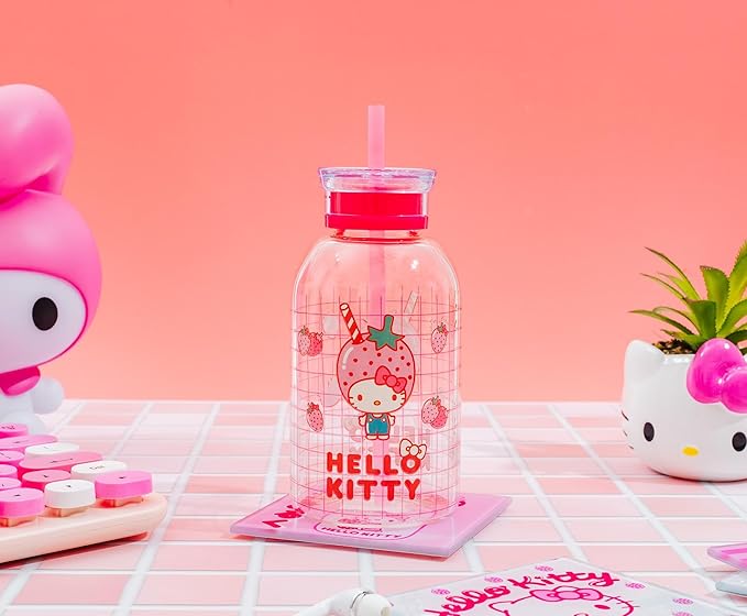 Silver Buffalo Sanrio Hello Kitty Strawberry Milk Grid Glass Milk Bottle with Straw, 15 Ounces