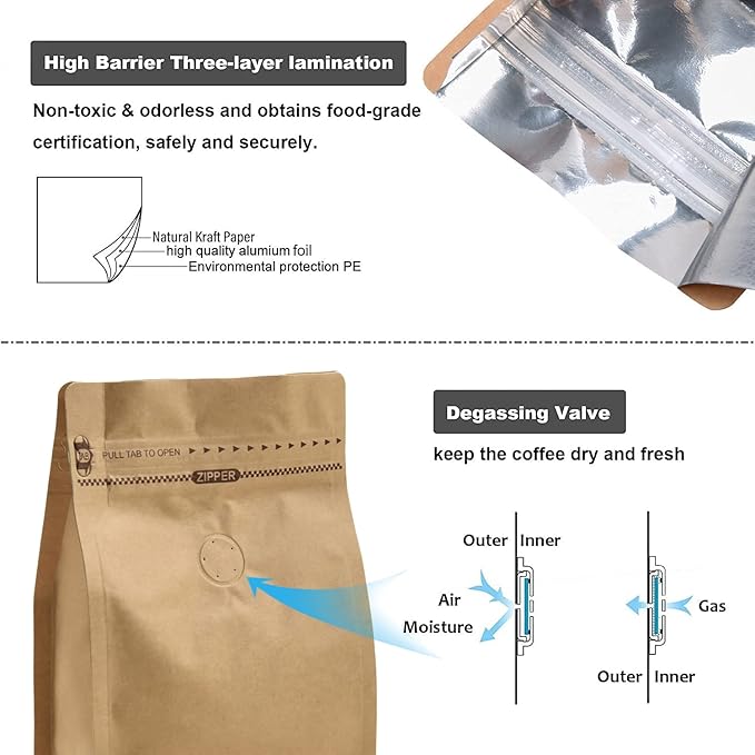 50 Pieces 8 Ounce Kraft Paper Stand Up Coffee Bag/Flat Bottom Pouch with Air Release Valve and Reusable Side Zipper. (50pcs, ½lb/8oz)
