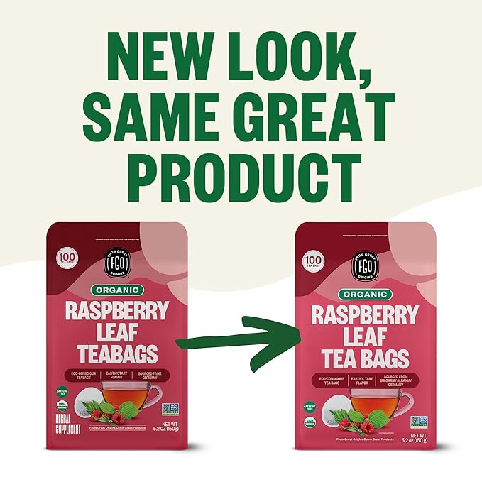 FGO Organic Red Raspberry Leaf Tea Bags, 100 Eco-Conscious Tea Bags, Caffeine Free, Imported from Germany, Reseable Bag, Packaging May Vary (Pack of 1)