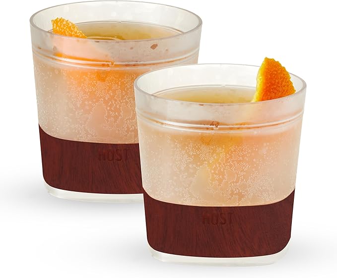 Host Whiskey Freeze Glasses, Double Old Fashioned Glasses with Oak Wood Design Silicone Band, Chill Without Dilution for Bourbon, Vodka, Rum, Bourbon Gifts for Men, Gifts for Him, 9 oz, Set of 2