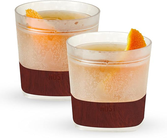 Host Whiskey Freeze Glasses, Double Old Fashioned Glasses with Oak Wood Design Silicone Band, Chill Without Dilution for Bourbon, Vodka, Rum, Bourbon Gifts for Men, Gifts for Him, 9 oz, Set of 2