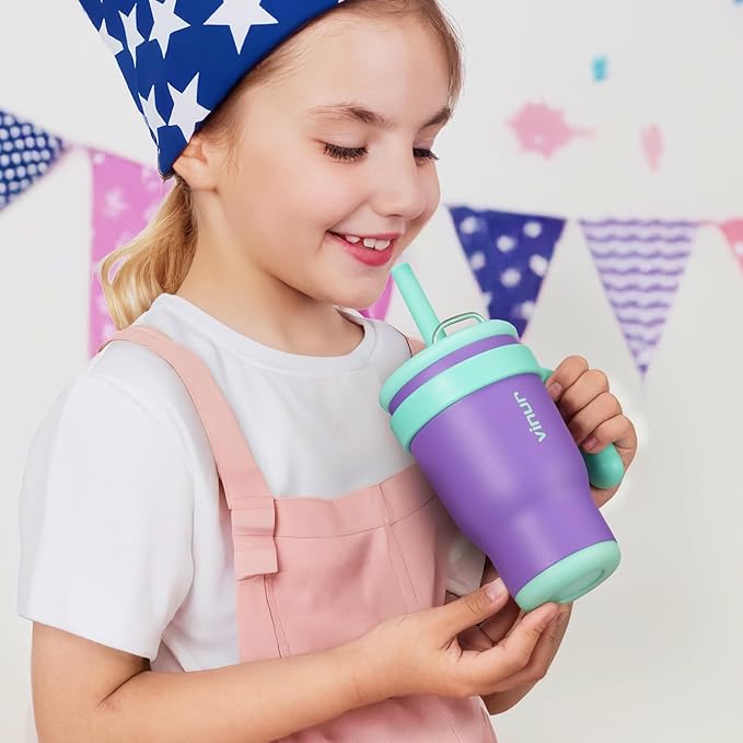 VINUR Kids Tumbler with with Lid and Straw -14 oz Stainless Steel Vacuum Insulated Tumbler Travel Mug with Handle & Silicone Base-Gifts for Girls, Purple