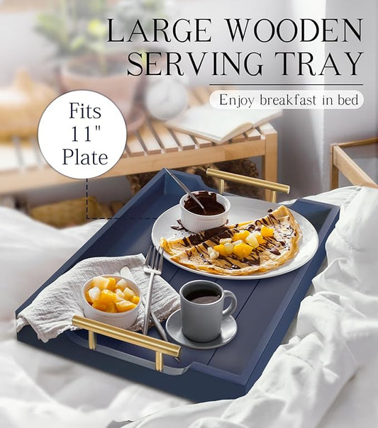 Coffee Table Tray - Large Ottoman Tray for Living Room - Wood Serving Tray with 2 Sets of Handles - Wooden Trays for Coffee Tables, 4 Round Coasters Included, Deep Blue