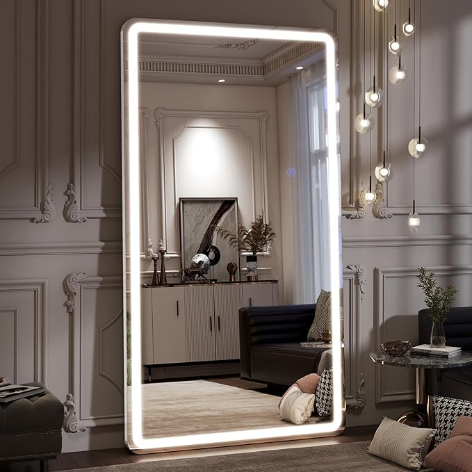 VooBang 76"x34" Large LED Full Length Mirror, Oversized Floor Body Mirror with Lights - 3 Color Modes, Standing Leaning Wall Mounted for Bedroom, Dressing Room White