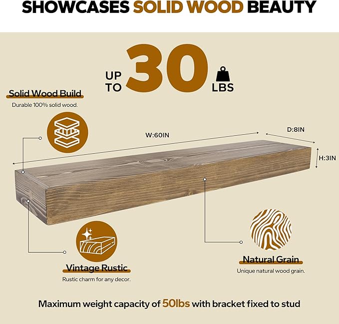 Floating Shelves 3 inch Thick for Wall Set of 2,Solid Pine Wood Wall Mount Shelf for Kitchen Living Room Bedroom Bathroom,8" D x 60" L x 3" H-Black Walnut