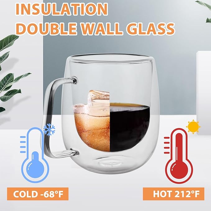 STARVAST 12 OZ Double Walled Glass Coffee Mugs, Glass Coffee Cups with Acacia Wood Lid Set of 4, Clear Espresso Cups with Handle, Perfect For Cappuccinos,Latte and Tea