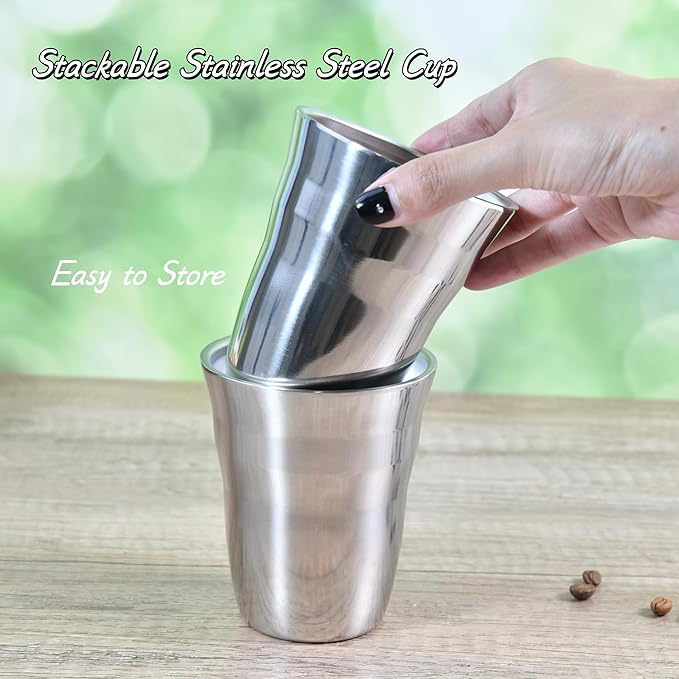 AGH 6 Pack Stainless Steel Cups for Kids, Metal Cups 9 oz Double Layer Insulated Pint Cup, Camping Tumbler Reusable Stackable Cup for Party Outdoor (Bright Silver)