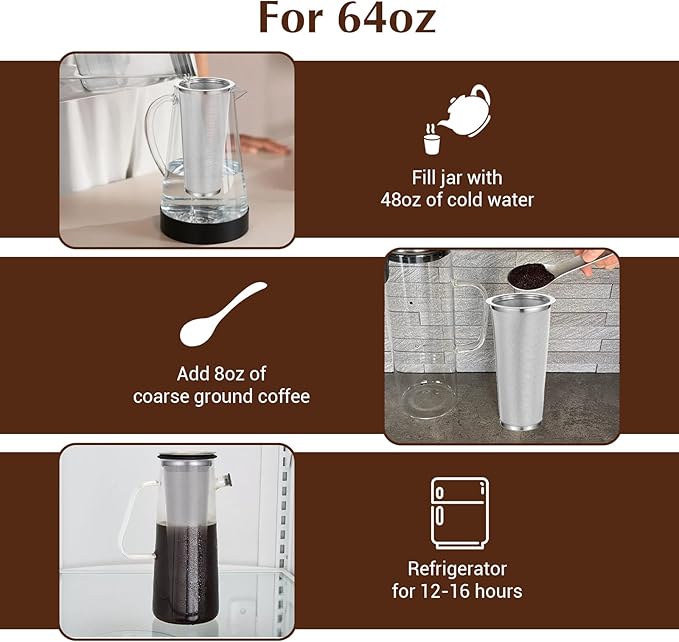 3 Pack Cold Brew Coffee Filter for 64oz Wide Mouth Mason Jar, 304 Stainless Steel Filter Ultra Fine Mesh Strainer, Reusable for Iced Coffee, Tea, Fruit Drinks