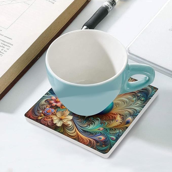 Square-4PCS Peacock Drink Coasters, Square Modern Ceramic Absorbent Coasters, Beautiful Colorful Floral Peacock Art Pattren Decor Desk Coffee Table Coaster for Beverage Cup Tea Coasters