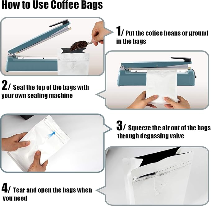 100 Pieces 16 Ounce White Kraft Paper Coffee Bags, Stand Up Coffee Pouches with One Way Degassing Valve and Reusable Side Zipper (Pull Tab to Open) Flat Bottom - Stand Up Well (16oz, 1lb, 454gram)