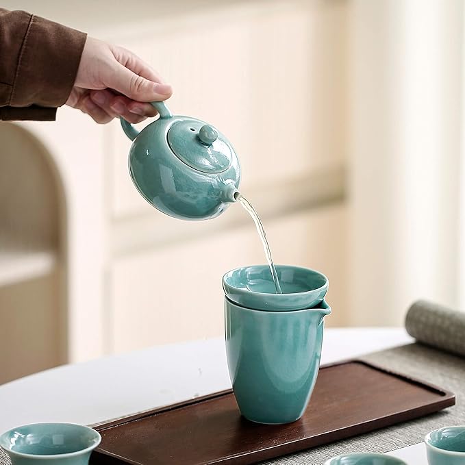 Chinese Tea Set, 10-Piece Ceramic Set with Teapot and Cups, Gongfu Tea Set,Tea Gift Sets,Outdoor and Office (Ge Kiln Green)