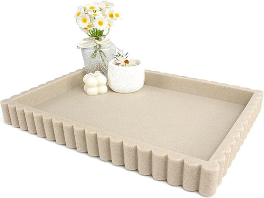 YMXYJM-Scalloped Coffee Table Tray，Ottoman Tray for Modern Home Decor. 14" Decorative Tray for Entryway Table Decor, Living Room Table Decor, Coffee Table Centerpiece - Beige Resin