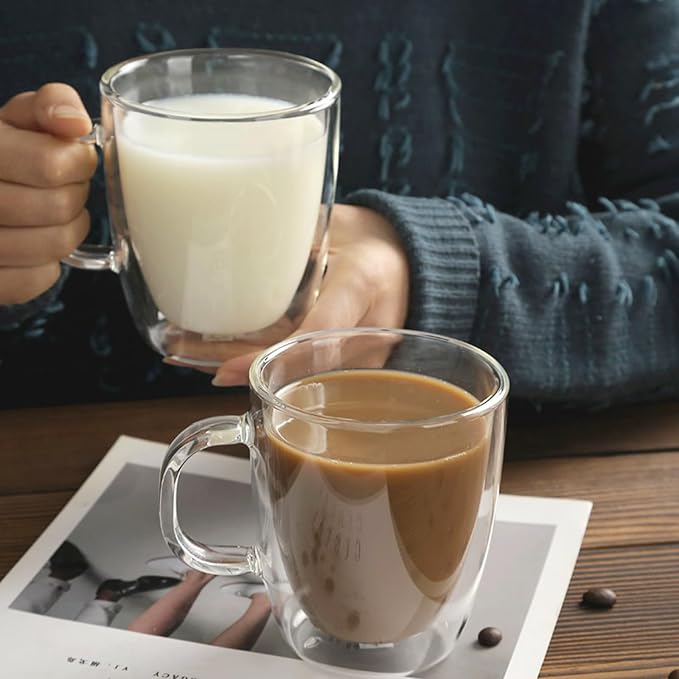 12OZ Double Wall Glass Cups With Handle, Large Glass Mugs Espresso Cups Set of 2, 330ML Clear Coffee Cup, Double Wall Insulated Mugs, Microwave Dishwasher Safe