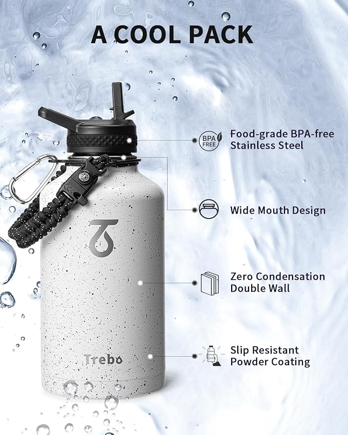 Trebo Water Bottle 64oz with Paracord Handle, Half Gallon Large Vacuum Double Wall Stainless Steel Insulated Water Jug with Holder Strap Straw Spout Lids, Leakproof Keep Cold & Hot,Starry White