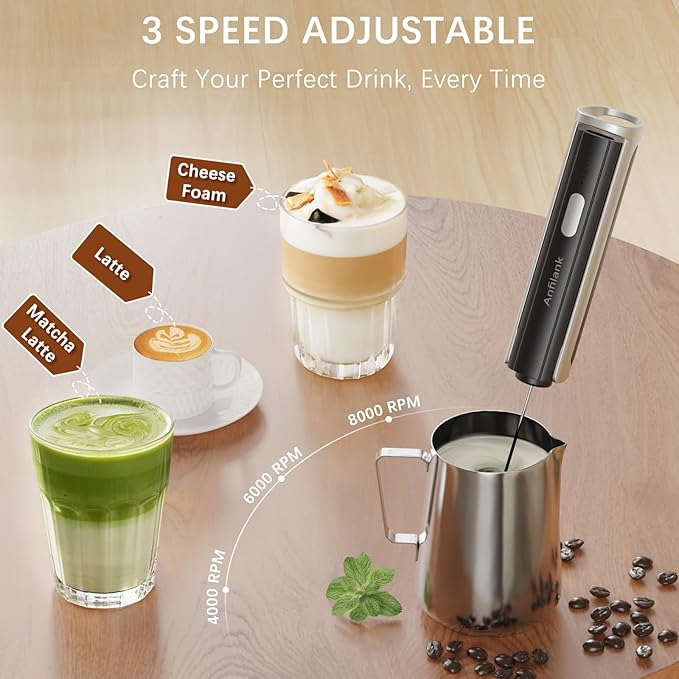 Handheld Milk Frother Wand, Rechargeable Electric Whisk with 3 Speeds & 3 Stainless Heads, Milk Foam Maker with Stand for Latte, Cappuccino, Hot Chocolate, Egg